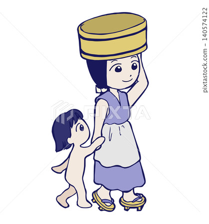 平安時代的一位家長和孩子頭頂著洗臉盆行走。 平安時代的一位家長和孩子頭頂著洗臉盆行走。 140574122