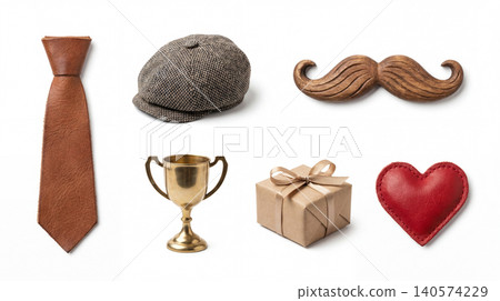 Father's day accessories collection with tie cap mustache trophy and heart mustache collection appreciation celebration accessories background isolated masculine celebratory sentiment Father's day accessories collection with tie cap mustache trophy and heart mustache collection appreciation celebration accessories background isolated masculine celebratory sentiment 140574229