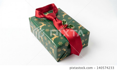 Christmas gift box wrapped in green deer pattern paper with red necktie christmas wrapping celebration surprise decorative accessory giftgiving container presenting background isolated 140574233
