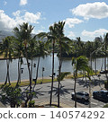 Palm trees along the Ala Wai Canal and a blue sky: A Honolulu scene. 140574292