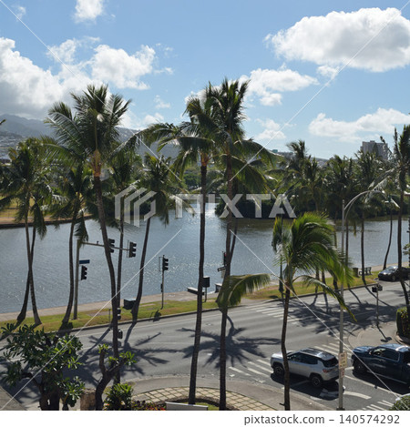 Palm trees along the Ala Wai Canal and a blue sky: A Honolulu scene. Palm trees along the Ala Wai Canal and a blue sky: A Honolulu scene. 140574292