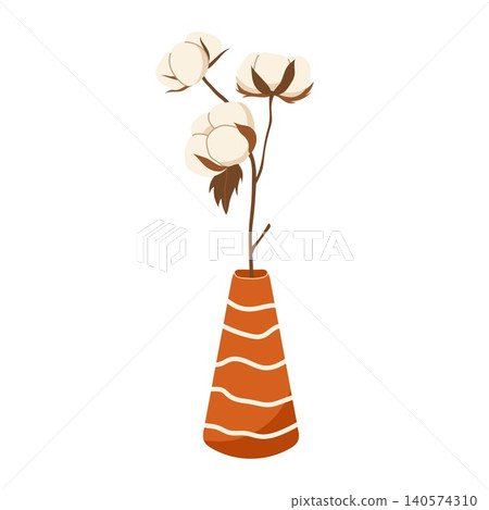 Fluffy cotton branches in a cozy orange striped ceramic vase vector illustration Fluffy cotton branches in a cozy orange striped ceramic vase vector illustration 140574310