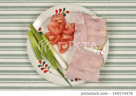 Open Faced Ham Sandwiches with Spring Onions and Tomatoes Open Faced Ham Sandwiches with Spring Onions and Tomatoes 140574476
