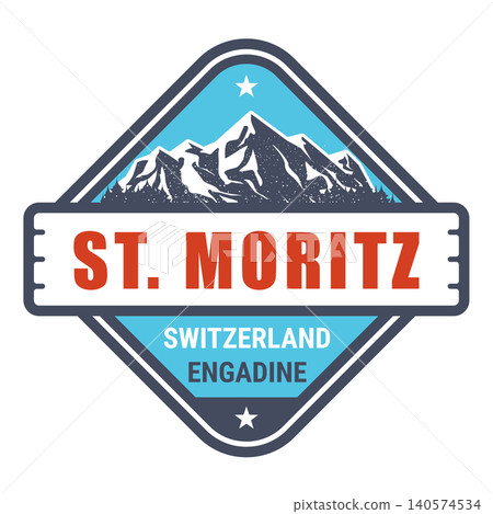 St. Moritz Alpine resort, Switzerland, Swiss Alps emblem with snow-covered mountains, vector St. Moritz Alpine resort, Switzerland, Swiss Alps emblem with snow-covered mountains, vector 140574534