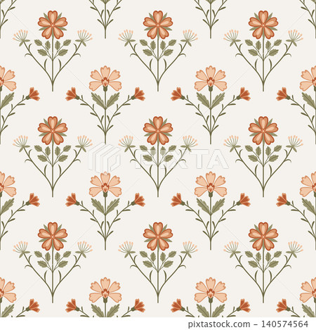 Seamless floral pattern with stylized wildflowers and botanical stems in warm beige palette Seamless floral pattern with stylized wildflowers and botanical stems in warm beige palette 140574564