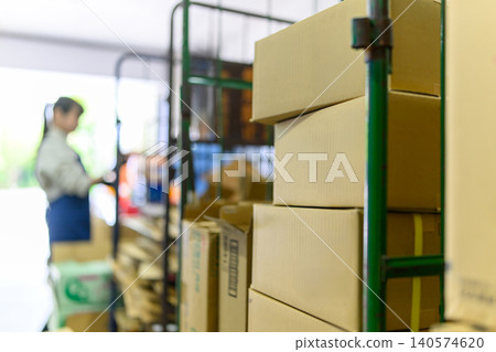 A woman working in the back room of a warehouse. 140574620