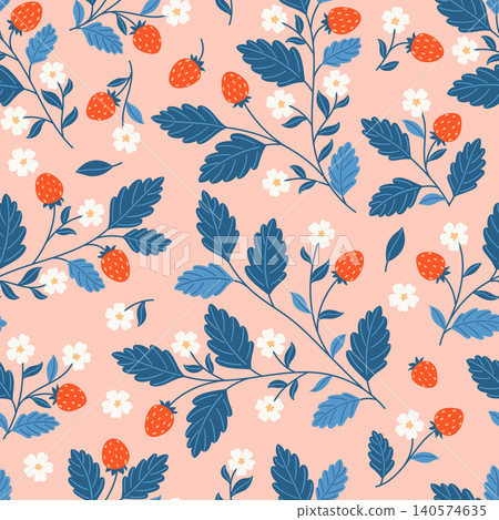 Strawberry floral seamless pattern with blue leaves and white flowers on warm coral background. Strawberry floral seamless pattern with blue leaves and white flowers on warm coral background. 140574635