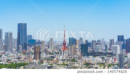 Cityscape of central Tokyo: Tokyo Tower and a cluster of skyscrapers. Photographed in May 2026. Cityscape of central Tokyo: Tokyo Tower and a cluster of skyscrapers. Photographed in May 2026. 140574820