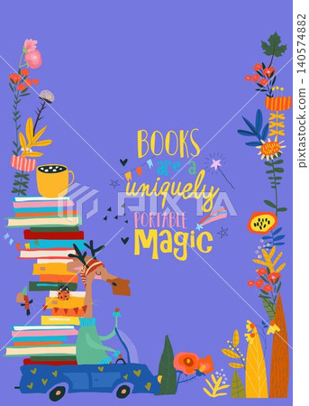 Cute Autumn Frame Composed of Deer riding Car with Books. Back to School Cute Autumn Frame Composed of Deer riding Car with Books. Back to School 140574882