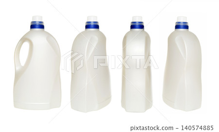 four angles of a white plastic canister for household chemicals four angles of a white plastic canister for household chemicals 140574885