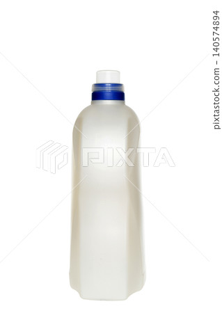 end angle of a narrow white plastic bottle with a blue lid 140574894