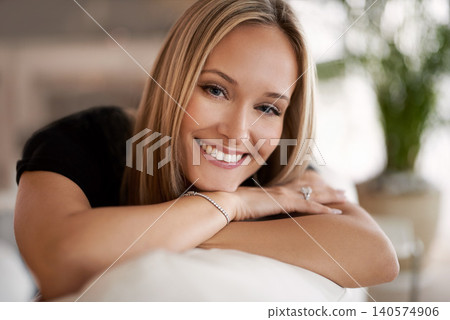 Portrait, happy woman and wellness on sofa in living room, calm and peace on vacation in home. Face, smile and blonde lady with rest on couch, mindfulness and satisfaction on weekend in apartment Portrait, happy woman and wellness on sofa in living room, calm and peace on vacation in home. Face, smile and blonde lady with rest on couch, mindfulness and satisfaction on weekend in apartment 140574906