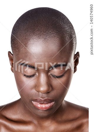 Face of black woman, relax or beauty with makeup, cosmetics or healthy skin isolated in studio. Eyes closed, person or African girl model with glow aesthetic or skincare results on white background Face of black woman, relax or beauty with makeup, cosmetics or healthy skin isolated in studio. Eyes closed, person or African girl model with glow aesthetic or skincare results on white background 140574960
