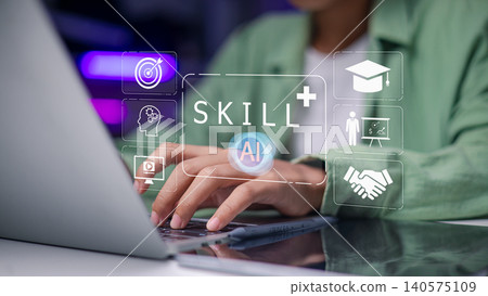 businesswoman hands typing on laptop with virtual skill plus AI text and education icons, concept of upskilling, reskilling, online learning and professional career development. businesswoman hands typing on laptop with virtual skill plus AI text and education icons, concept of upskilling, reskilling, online learning and professional career development. 140575109