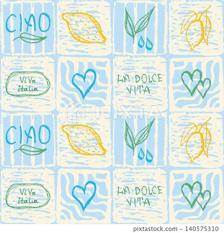 Decorative Amalfi style tile seamless pattern with lemons, hearts, leaves and Italian slogans. Retro stylized majolica background. Mediterranean aesthetic amalficore cover Decorative Amalfi style tile seamless pattern with lemons, hearts, leaves and Italian slogans. Retro stylized majolica background. Mediterranean aesthetic amalficore cover 140575310