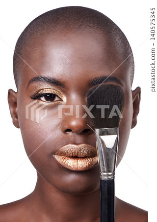 Portrait of black woman, brush or makeup with lipstick, cosmetics or beauty isolated in studio. Gold color, bald head or serious African girl model with glow or skincare results on white background Portrait of black woman, brush or makeup with lipstick, cosmetics or beauty isolated in studio. Gold color, bald head or serious African girl model with glow or skincare results on white background 140575345