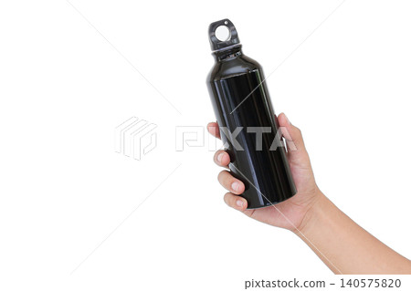 Hand holds sleek black water bottle. White background emphasizes product design. Simple, clean shot highlights portable hydration. Ideal for fitness, travel, or outdoor lifestyle themes Hand holds sleek black water bottle. White background emphasizes product design. Simple, clean shot highlights portable hydration. Ideal for fitness, travel, or outdoor lifestyle themes 140575820