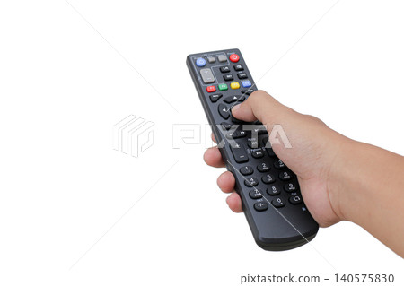 Hand holds remote control against plain white background. Finger presses button, indicating active use. Simple, clean, focused on functionality and ease. Ideal for digital, tech, or media-related Hand holds remote control against plain white background. Finger presses button, indicating active use. Simple, clean, focused on functionality and ease. Ideal for digital, tech, or media-related 140575830