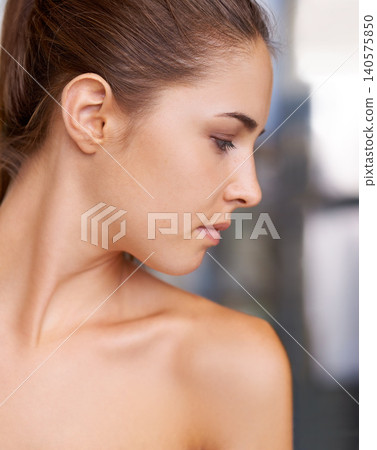 Woman, skincare and beauty makeup with cosmetics for confidence with profile, treatment or dermatology. Female person, peaceful and wellness in apartment for morning cleaning, self care or healthy Woman, skincare and beauty makeup with cosmetics for confidence with profile, treatment or dermatology. Female person, peaceful and wellness in apartment for morning cleaning, self care or healthy 140575850