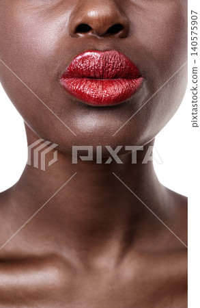 Mouth of model, red and lipstick with beauty, cosmetics and healthy skin for shine isolated in studio. Face closeup, aesthetic or woman with pout, color or skincare glow results on white background Mouth of model, red and lipstick with beauty, cosmetics and healthy skin for shine isolated in studio. Face closeup, aesthetic or woman with pout, color or skincare glow results on white background 140575907