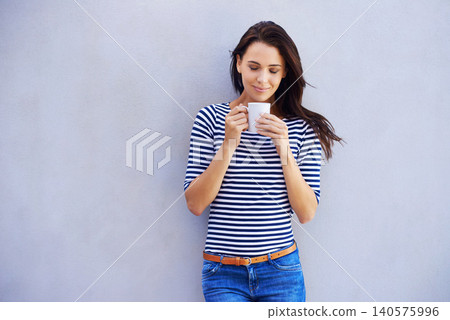 Woman, student and standing with coffee, break and calm with smile and happiness. Relax, energy or confident female person with beverage cup outside, espresso or latte for drinking and start of day Woman, student and standing with coffee, break and calm with smile and happiness. Relax, energy or confident female person with beverage cup outside, espresso or latte for drinking and start of day 140575996