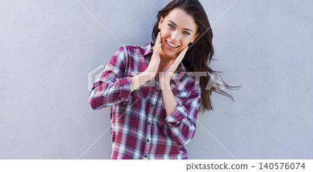 Portrait, surprise and woman with news, gossip and announcement on grey background. Face, person and model with emoji and shocked with wow and omg with wtf and excited with discount deal and reaction Portrait, surprise and woman with news, gossip and announcement on grey background. Face, person and model with emoji and shocked with wow and omg with wtf and excited with discount deal and reaction 140576074