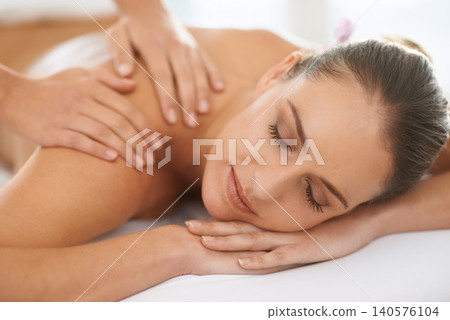 Relax, shoulder massage and woman at spa for health, wellness and balance with luxury holistic treatment. Self care, peace and girl on table for muscle therapy, comfort and calm body pamper service Relax, shoulder massage and woman at spa for health, wellness and balance with luxury holistic treatment. Self care, peace and girl on table for muscle therapy, comfort and calm body pamper service 140576104
