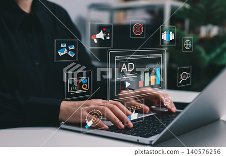 Digital advertising concept. marketing icons for online campaign management, audience targeting, business performance analytics, ecommerce promotion, content strategy, market trends, social media 140576256