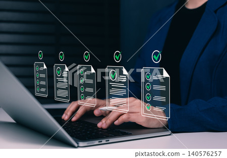 Digital document approval concept. professional using laptop and checklist icons for compliance review, workflow management, quality control, business verification, audit process, online documentation Digital document approval concept. professional using laptop and checklist icons for compliance review, workflow management, quality control, business verification, audit process, online documentation 140576257