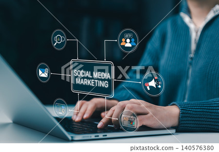 Social media marketing strategy and digital campaign concept. online branding workflow, online advertising, audience engagement. icons for email, audience, ads, analytics, search, SEO, and promotion. Social media marketing strategy and digital campaign concept. online branding workflow, online advertising, audience engagement. icons for email, audience, ads, analytics, search, SEO, and promotion. 140576380