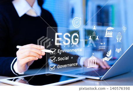 ESG environmental social governance business concept. Businesswoman using laptop with interface ESG, symbolizing sustainable business practices, ethical investment, and corporate responsibility. ESG environmental social governance business concept. Businesswoman using laptop with interface ESG, symbolizing sustainable business practices, ethical investment, and corporate responsibility. 140576398