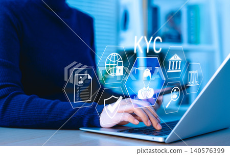KYC Know Your Customer digital verification concept. Businesswoman using laptop with interface KYC (Know Your Customer) icons, symbolizing identity verification, banking compliance, and financial 140576399