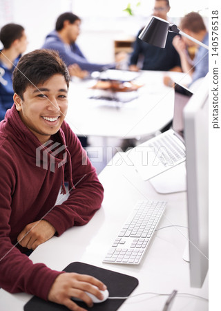 Computer, programmer and portrait of happy man, software and update of information technology. Coder, employee and male person typing on keyboard for test of cybersecurity in application of office Computer, programmer and portrait of happy man, software and update of information technology. Coder, employee and male person typing on keyboard for test of cybersecurity in application of office 140576518