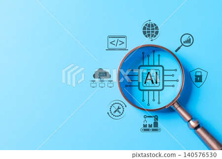 Artificial intelligence and technology innovation concept. Magnifying glass over AI chip with virtual icons for artificial intelligence, data processing, cybersecurity, cloud computing, and automation Artificial intelligence and technology innovation concept. Magnifying glass over AI chip with virtual icons for artificial intelligence, data processing, cybersecurity, cloud computing, and automation 140576530