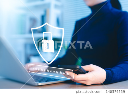 Cybersecurity concept. Lock icon and password input. Woman using laptop with shield icon representing cyber security, online security measures, password protection, data privacy, scam, Internet fraud, Cybersecurity concept. Lock icon and password input. Woman using laptop with shield icon representing cyber security, online security measures, password protection, data privacy, scam, Internet fraud, 140576539