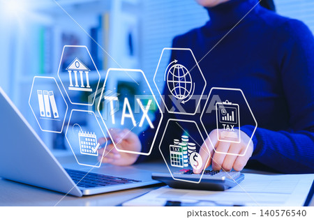 Tax calculation and financial management concept. Woman using laptop and calculator with digital tax icons, financial documents, currency, and government, representing tax filing, finance, accounting, 140576540