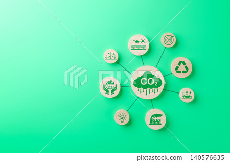 Sustainable solutions for reducing CO2 emissions. The concept of CO2 reduction strategies with interconnected icons renewable energy, recycling, electric vehicles, and sustainable practices. net zero, Sustainable solutions for reducing CO2 emissions. The concept of CO2 reduction strategies with interconnected icons renewable energy, recycling, electric vehicles, and sustainable practices. net zero, 140576635