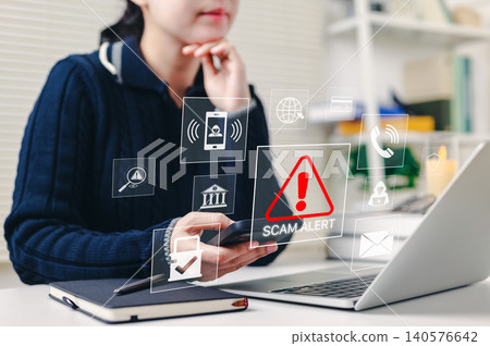 Scam alert warning. cybersecurity concept. Woman using laptop, warning sign for scams with icons representing online threats, phishing, and cybersecurity. Unknown person, suspicious scammer, fraud, Scam alert warning. cybersecurity concept. Woman using laptop, warning sign for scams with icons representing online threats, phishing, and cybersecurity. Unknown person, suspicious scammer, fraud, 140576642