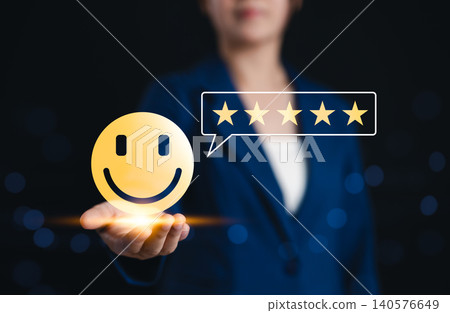 Customer satisfaction and five star review concept. Woman holding glowing smile face with five-star rating, symbolizing customer satisfaction, positive feedback, service excellence, user experience, Customer satisfaction and five star review concept. Woman holding glowing smile face with five-star rating, symbolizing customer satisfaction, positive feedback, service excellence, user experience, 140576649
