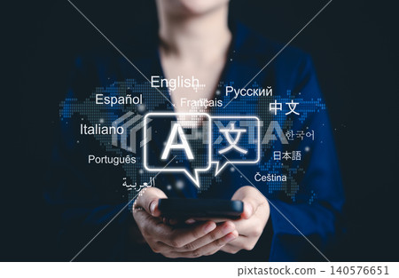 Multilingual language translation technology concept. Woman using smartphone with icons languages, global language translate, multilingual communication, and international connections. AI translator, Multilingual language translation technology concept. Woman using smartphone with icons languages, global language translate, multilingual communication, and international connections. AI translator, 140576651