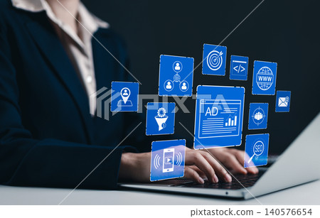 Digital marketing and online advertising concept. Business professional working on laptop with digital marketing icons, SEO, online ads, social media, web analytics, modern advertising strategies, AD, Digital marketing and online advertising concept. Business professional working on laptop with digital marketing icons, SEO, online ads, social media, web analytics, modern advertising strategies, AD, 140576654