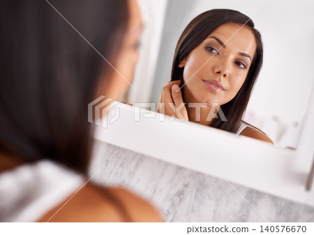 Woman, makeup and skincare in bathroom mirror with beauty, dermatology or happy for face results. Young person with smile in reflection for facial foundation, cosmetics and getting ready at her home 140576670