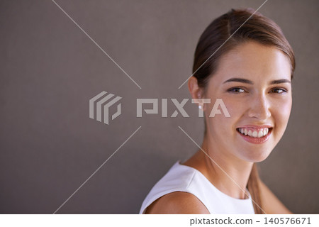 Portrait, woman and mockup space in studio professional and confident person by brown background. French female, designer and pride on face for career growth and positive attitude in creative job Portrait, woman and mockup space in studio professional and confident person by brown background. French female, designer and pride on face for career growth and positive attitude in creative job 140576671