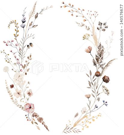 Watercolor wreath with brown, dark red and beige wildflowers, rustic event stationery illustration Watercolor wreath with brown, dark red and beige wildflowers, rustic event stationery illustration 140576677