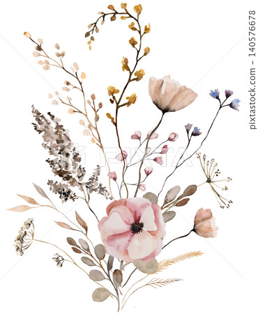 Watercolor bouquet with brown, dark red and beige wildflowers, rustic event stationery illustration Watercolor bouquet with brown, dark red and beige wildflowers, rustic event stationery illustration 140576678