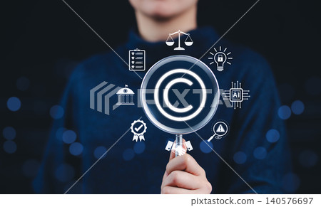 Patented intellectual property. Digital copyright or patent concept. Woman holding magnifying glass focuses on copyright symbol surround by legal icons. trademark license, Author rights, law business, Patented intellectual property. Digital copyright or patent concept. Woman holding magnifying glass focuses on copyright symbol surround by legal icons. trademark license, Author rights, law business, 140576697
