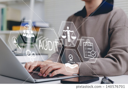 Business audit and compliance concept. Business professional working on laptop with audit and compliance icons, representing financial auditing, risk management, quality control, corporate governance, Business audit and compliance concept. Business professional working on laptop with audit and compliance icons, representing financial auditing, risk management, quality control, corporate governance, 140576701