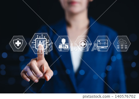 AI driven healthcare and medical technology concept. virtual interface AI-powered health care icons, symbolizing artificial intelligence in medical diagnosis, patient monitoring, and health innovation AI driven healthcare and medical technology concept. virtual interface AI-powered health care icons, symbolizing artificial intelligence in medical diagnosis, patient monitoring, and health innovation 140576702