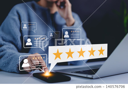 Five star customer rating and review concept. Woman give five-star review on smartphone, with digital review icons, symbolizing customer feedback, online ratings, and user experience evaluation. Five star customer rating and review concept. Woman give five-star review on smartphone, with digital review icons, symbolizing customer feedback, online ratings, and user experience evaluation. 140576706