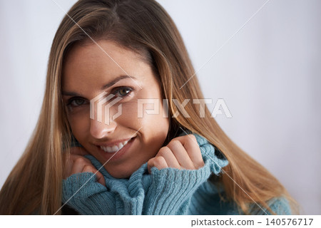 Portrait, fashion and smile for woman person in studio, sweater and playful on white background. Confidence, stylish and cardigan for female Canadian, casual or contemporary outfit for cold weather Portrait, fashion and smile for woman person in studio, sweater and playful on white background. Confidence, stylish and cardigan for female Canadian, casual or contemporary outfit for cold weather 140576717